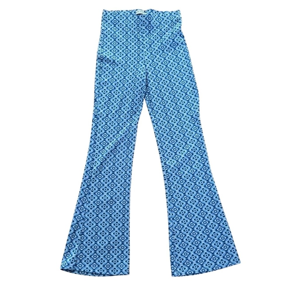 Social Tourist Blue Geometric Floral Flare Pants High Rise Knit Bell Bottoms M